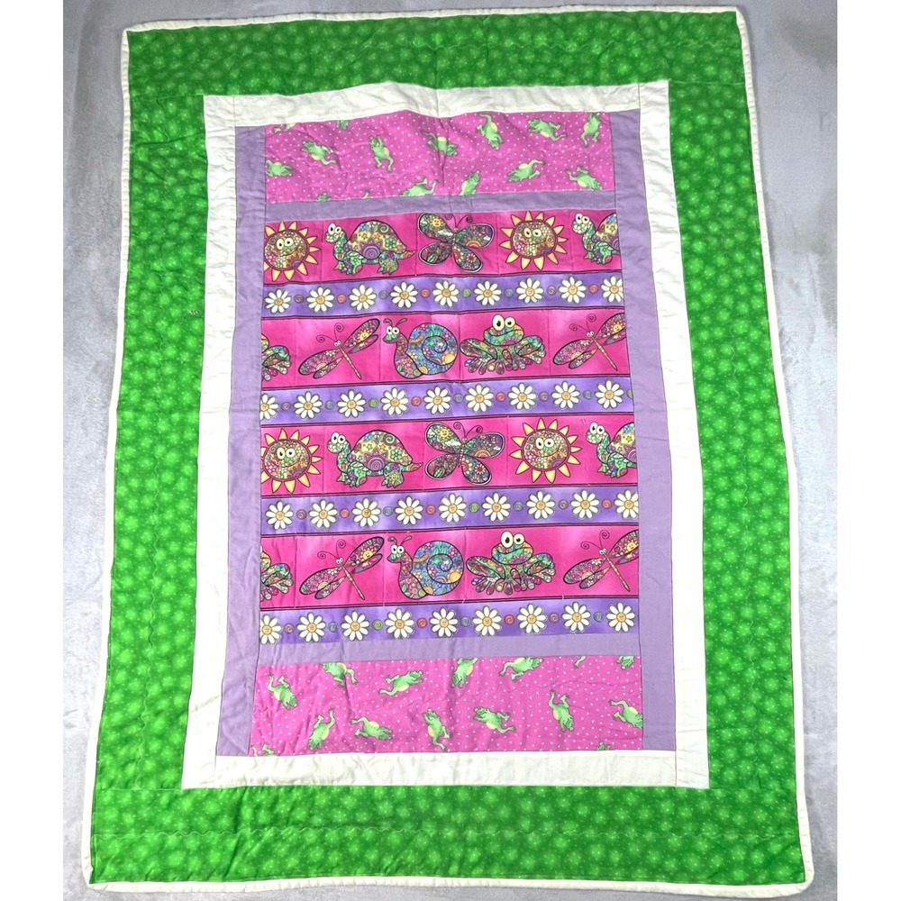 Handmade Quilt Kids 41x31 Green Pink Double Sided Frog Turtle Dragonfly Boho